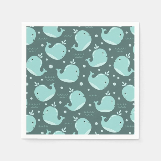 Cute Whale Pattern on Teal Blue Kids Birthday Napkin (Front)