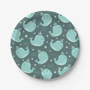 Cute Whale Pattern on Teal Blue Kids Birthday Paper Plate