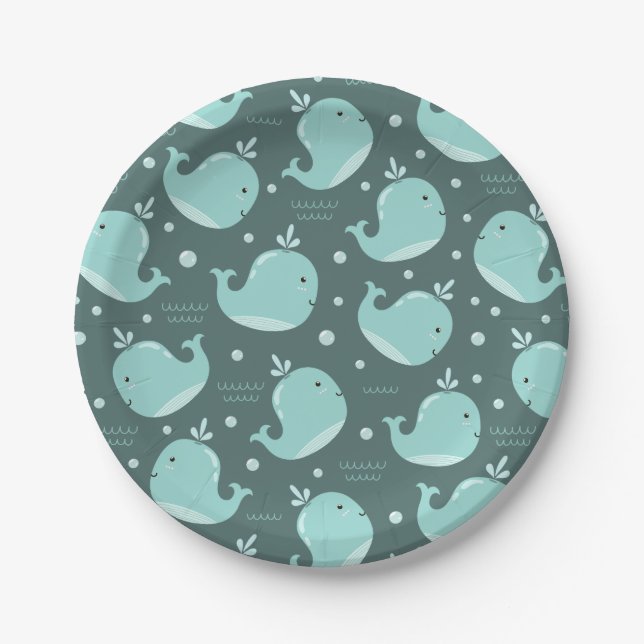 Cute Whale Pattern on Teal Blue Kids Birthday Paper Plate (Front)