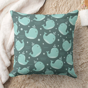 Cute Whale Pattern on Teal Blue Kids Throw Pillow