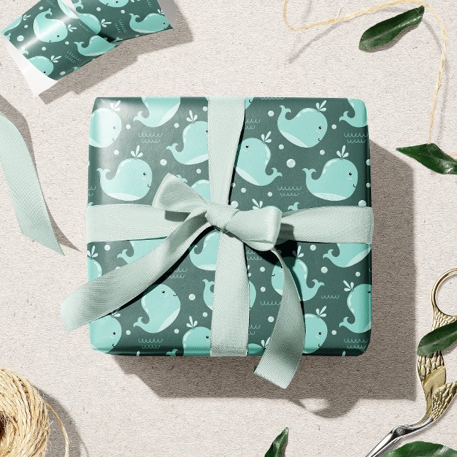 Cute Whale Pattern on Teal Blue Kids Wrapping Paper (Creator Uploaded)
