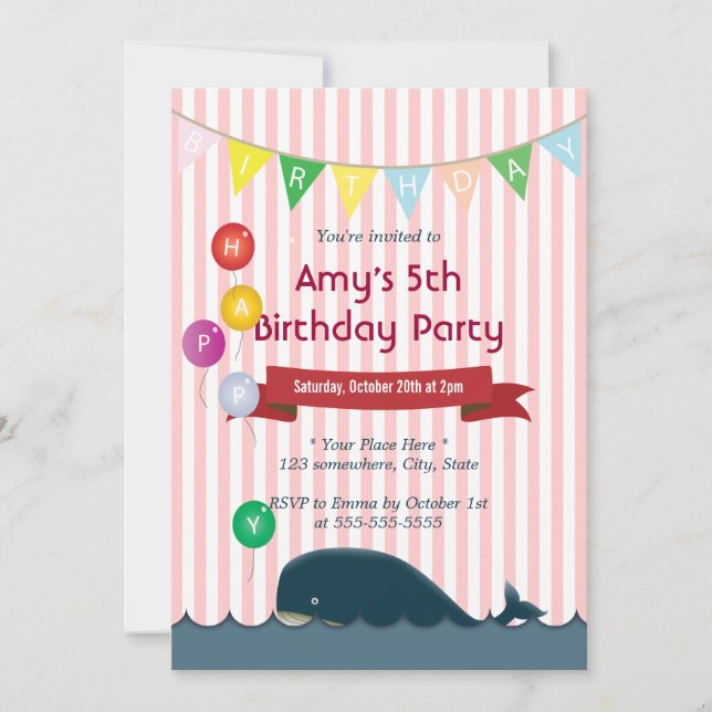 Cute Whale Pink Stripes Birthday Invitations (Front)