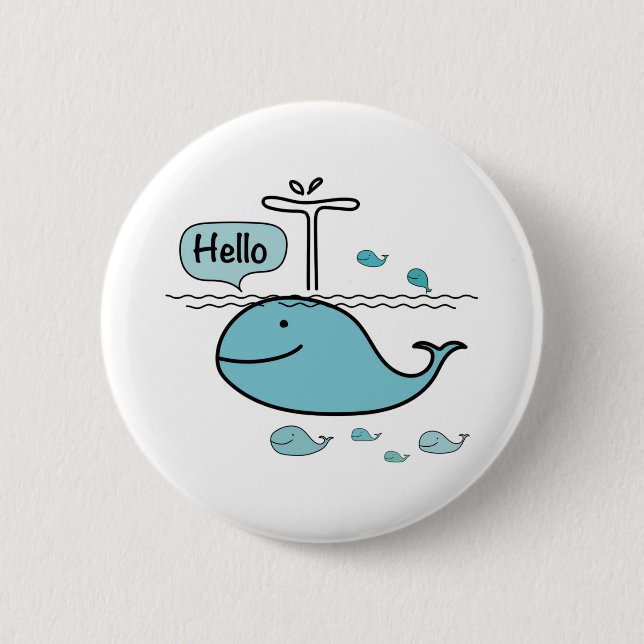 cute whale, say hello on the sea 2 inch round button (Front)
