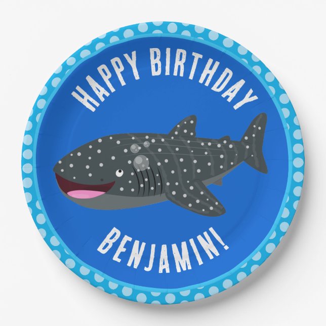 Cute whale shark personalized happy birthday  paper plate (Front)