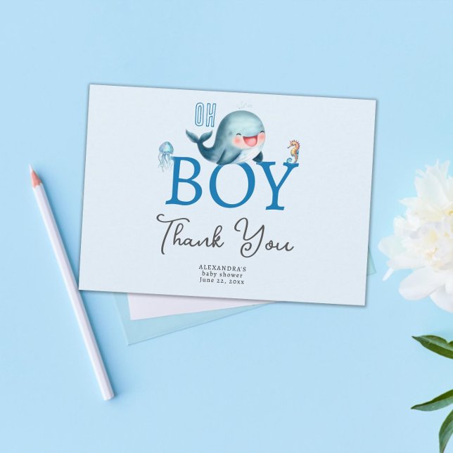 Cute Whale Under Sea Boy Baby Shower Thank You Card (oh boy cute whale under the sea baby shower thank you card watercolor ocean beach)