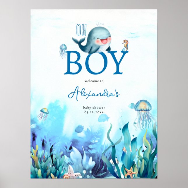 Cute Whale Under Sea Boy Baby Shower Welcome Poster (Front)
