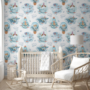 Cute Whale Watercolor Nautical Baby Nursery Wallpaper