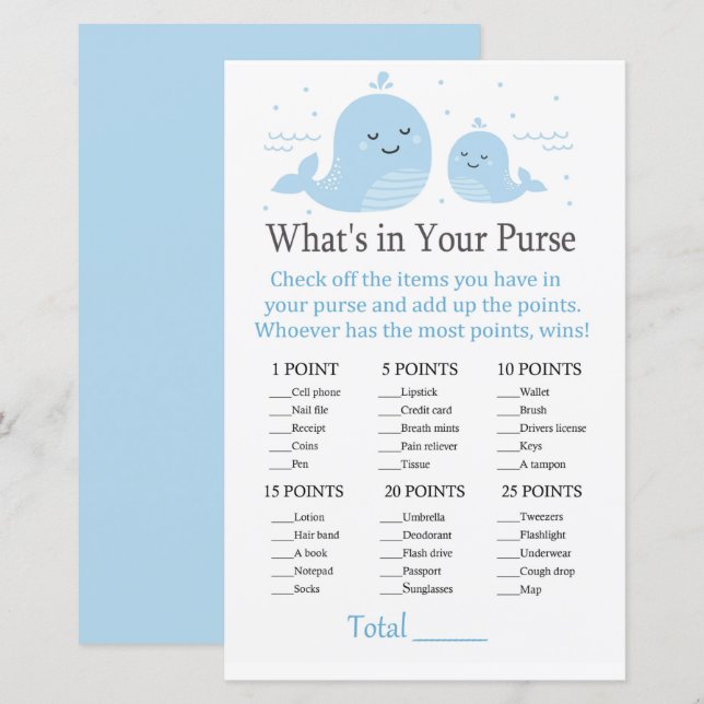 Cute Whale What's in your purse game (Front/Back)