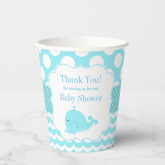 Cute Whale with Baby Blue Boy Baby Shower Paper Cups (Front)