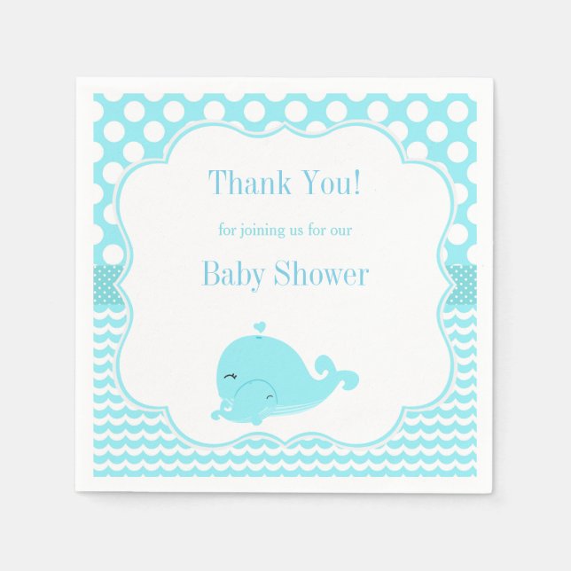 Cute Whale with Baby Blue Boy Baby Shower Paper Napkin (Front)