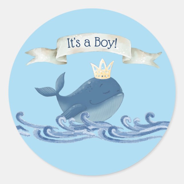 Cute Whale with Prince Crown Nautical Theme Classic Round Sticker (Front)