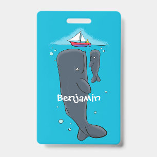 Cute whales and sailing boat cartoon illustration badge