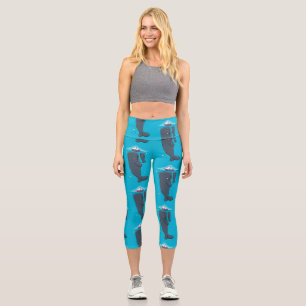 Cute whales and sailing boat cartoon illustration capri leggings