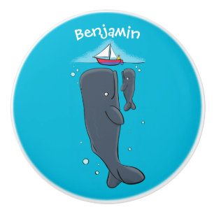 Cute whales and sailing boat cartoon illustration ceramic knob