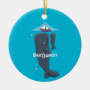 Cute whales and sailing boat cartoon illustration ceramic ornament