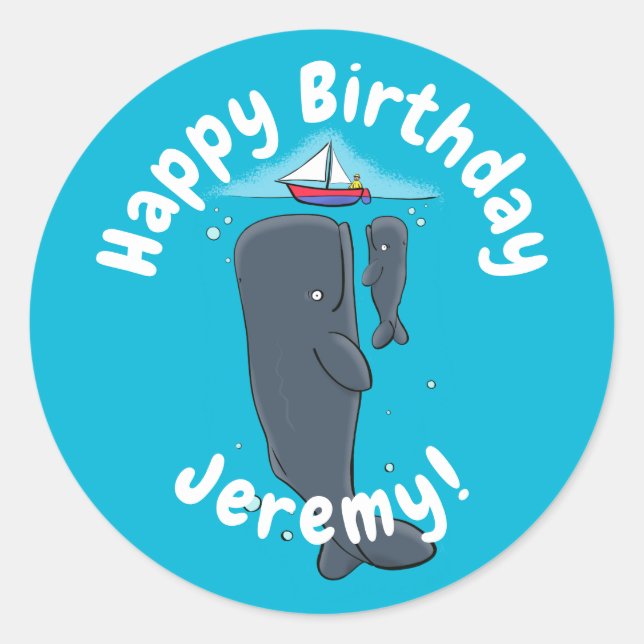 Cute whales and sailing boat cartoon illustration classic round sticker (Front)