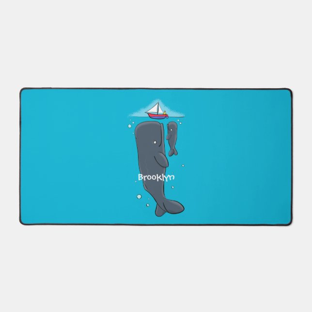 Cute whales and sailing boat cartoon illustration desk mat (Front)