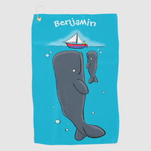 Cute whales and sailing boat cartoon illustration golf towel