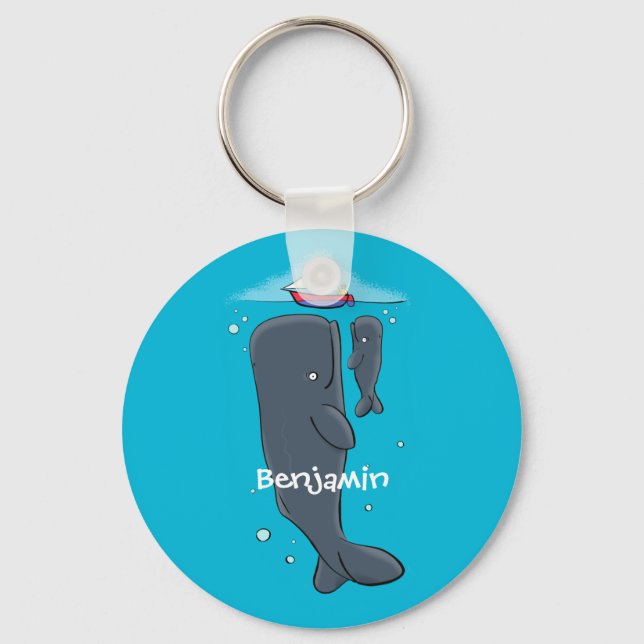 Cute whales and sailing boat cartoon illustration keychain (Front)