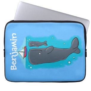 Cute whales and sailing boat cartoon illustration laptop sleeve