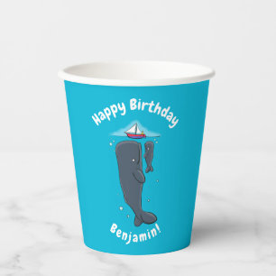 Cute whales and sailing boat cartoon illustration paper cups