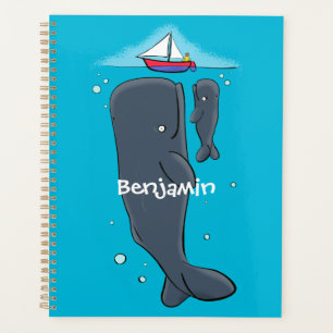 Cute whales and sailing boat cartoon illustration planner