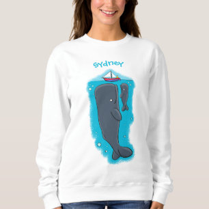 Cute whales and sailing boat cartoon illustration sweatshirt