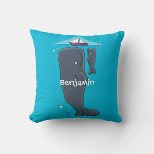 Cute whales and sailing boat cartoon illustration throw pillow