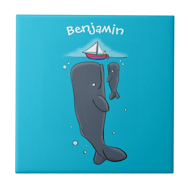 Cute whales and sailing boat cartoon illustration tile (Front)