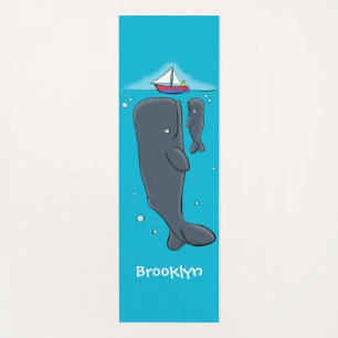 Cute whales and sailing boat cartoon illustration yoga mat
