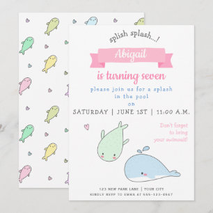 Cute Whales - Kids Birthday Pool Party Invitation