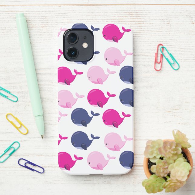 Cute Whales, Pattern Of Whales, Sea Animals iPhone Case (On Desk)