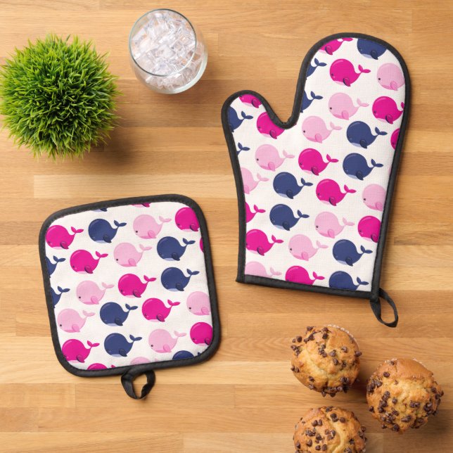 Cute Whales, Pattern Of Whales, Sea Animals Oven Mitt & Pot Holder Set (Top Down)