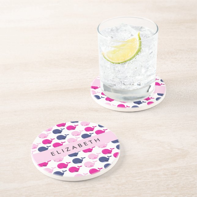 Cute Whales, Pattern Of Whales, Your Name Coaster (Side)