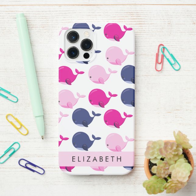 Cute Whales, Pattern Of Whales, Your Name iPhone Case (On Desk)