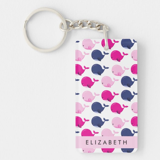 Cute Whales, Pattern Of Whales, Your Name Keychain (Front)