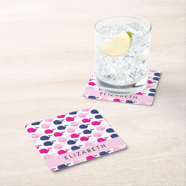 Cute Whales, Pattern Of Whales, Your Name Square Paper Coaster (Insitu)