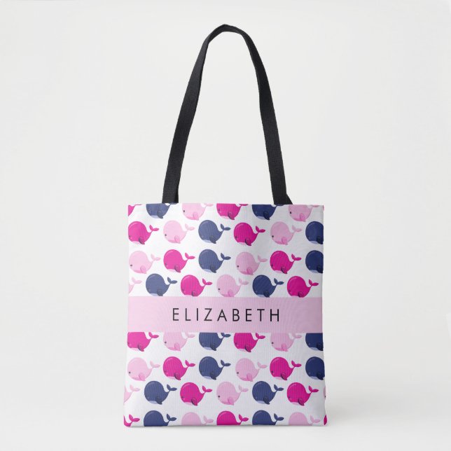 Cute Whales, Pattern Of Whales, Your Name Tote Bag (Front)