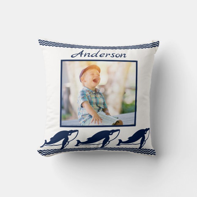 Cute Whales waves Blue Nautical Photo Frame Throw Pillow (Front)