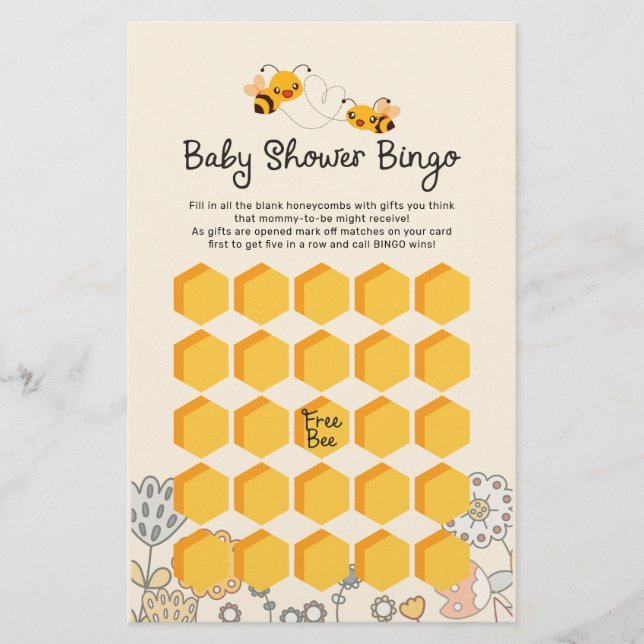 Cute What will it Bee Baby Shower Bingo Game Cards (Front)
