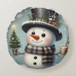 Cute whimiscal Christmas/winter snowman Round Pillow<br><div class="desc">cute</div>