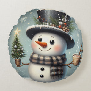 Cute whimiscal Christmas/winter snowman Round Pillow