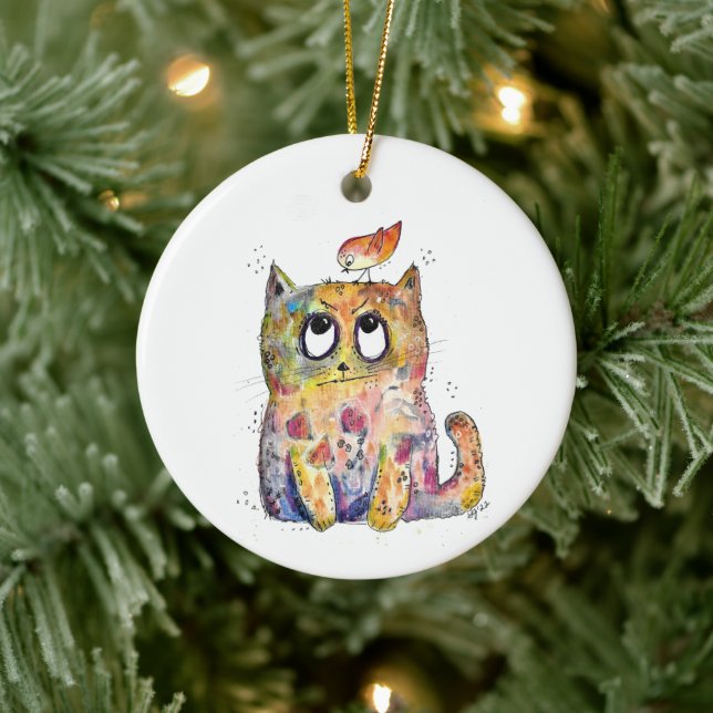 Cute Whimsical Annoyed Cat Ceramic Ornament (Tree)