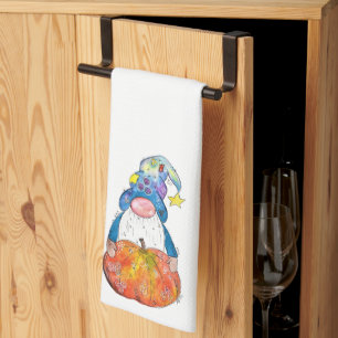 Cute Whimsical Autumn Gnome with Pumpkin Kitchen Towel