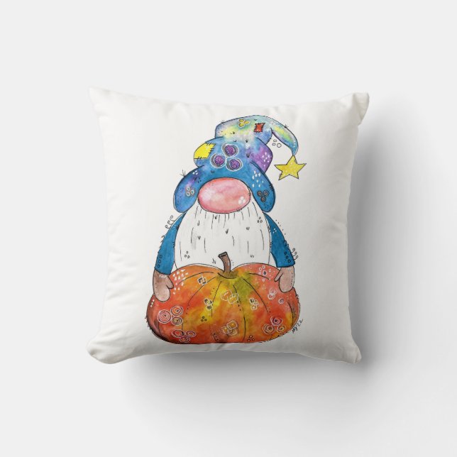 Cute Whimsical Autumn Gnome with Pumpkin Throw Pillow (Front)
