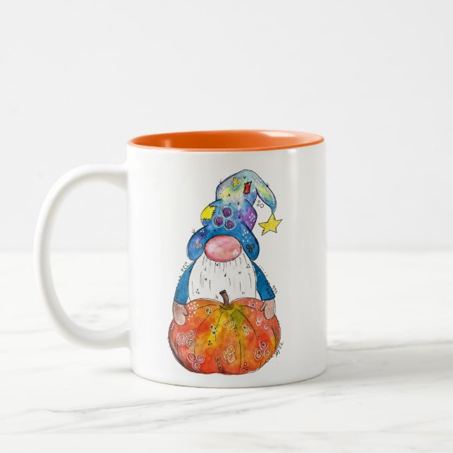 Cute Whimsical Autumn Gnome with Pumpkin Two-Tone Coffee Mug (Left)