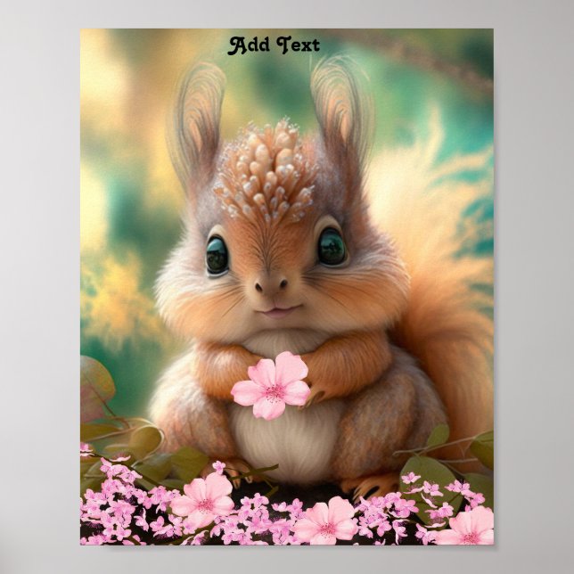 Cute Whimsical Baby Squirrel Pink Flowers  Poster (Front)