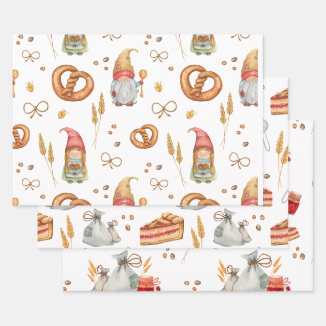 Cute Whimsical Baking Christmas Gnomes Wrapping Paper Sheet (Set)