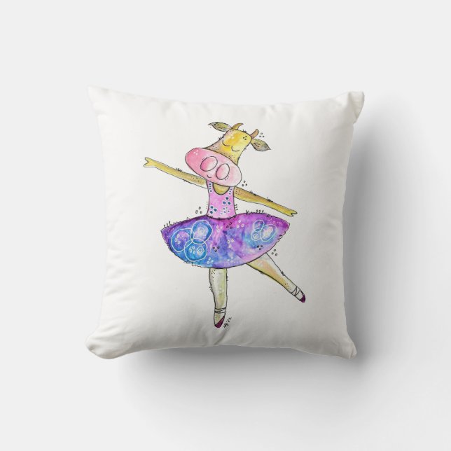 Cute Whimsical Ballerina Cow Throw Pillow (Front)