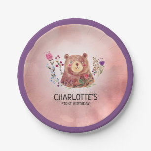 Cute Whimsical Bear and Flowers Child's Birthday Paper Plate